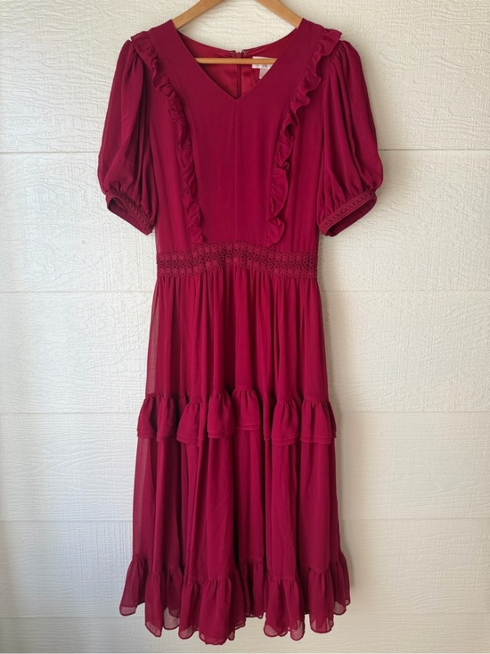 Rachel Parcell Burgundy Ruffle Midi Dress Puff Sleeve Size Small